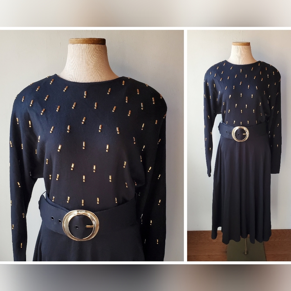 Vintage 80s Shoulder Pad Batwing Metallic Embellished Gold & Black Dress Size 12